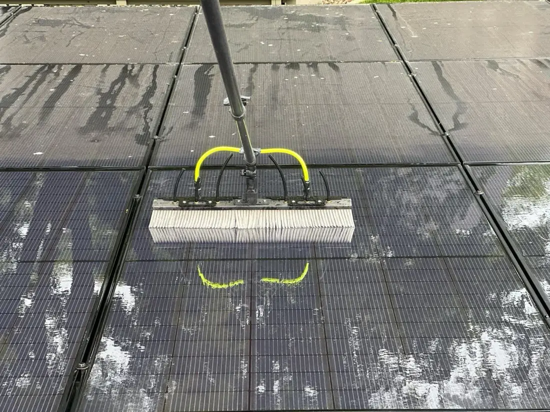 Close-up of hardened bird droppings streaked across a residential solar panel in Glenview, IL