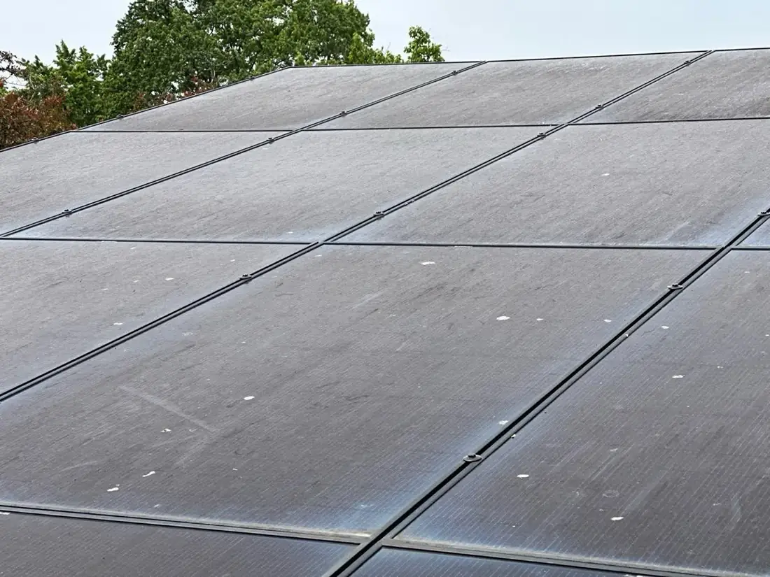 Overview of a dirty residential solar panel array in Glenview with visible buildup and surrounding trees