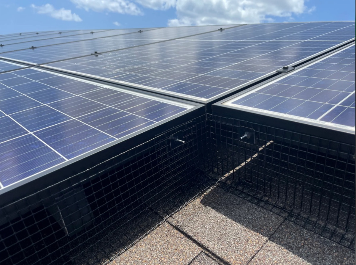 Black wire mesh critter guard installed along the bottom edge of rooftop solar panels in Chicagoland — prevents rodents and birds from nesting underneath